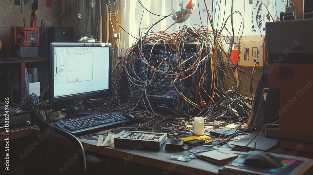 Poster a chaotic tangle of cables, rendering a computer inoperable on a cluttered desk.