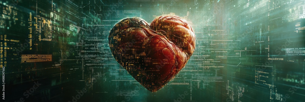 Leinwandbilder a vibrant human heart is surrounded by luminous digital code, symbolizing the fusion of technology w