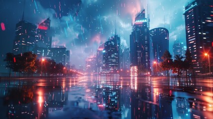 Obraz premium Futuristic cityscape with glowing neon signs and illuminated skyscrapers reflects in puddles on a rainy night, creating a mesmerizing and otherworldly urban scene