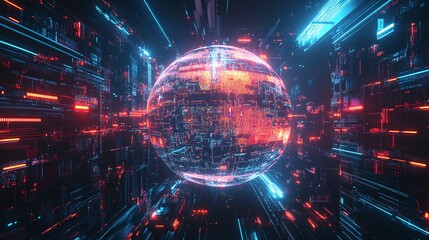 Fototapeta premium 2410_274.high-tech visualization of a global network, with data servers connected to a glowing holographic globe, digital signals flowing, futuristic information processing setup, neon lighting,