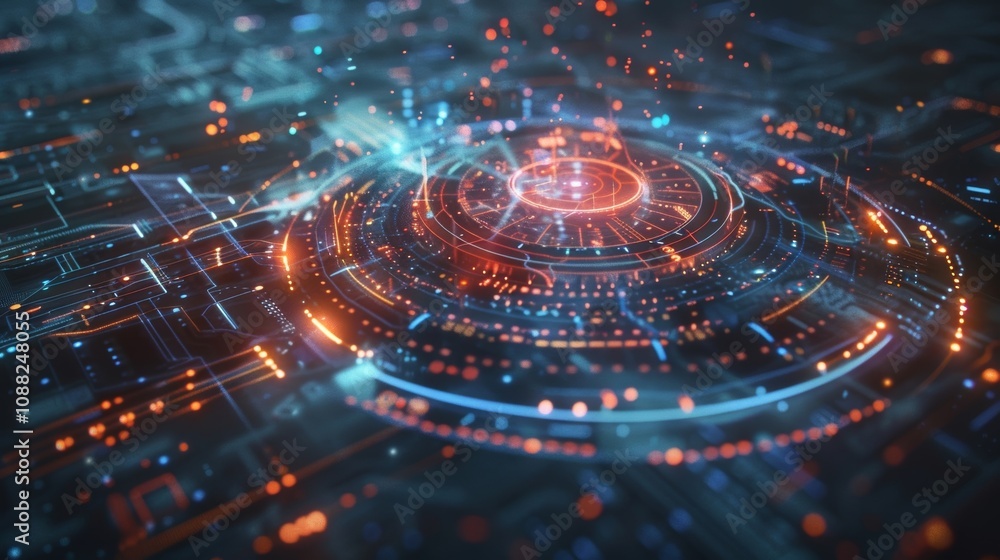 Poster futuristic motherboard circuit with glowing signals transmitting data, representing advanced technol