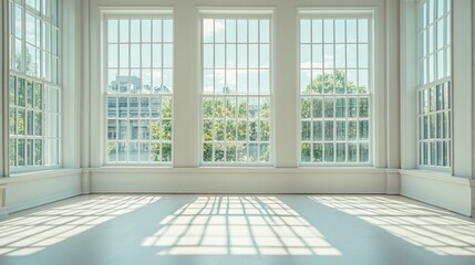 Fototapeta premium Bright and Airy Interior Space with Large Windows Showcasing Natural Light and Scenic Urban Views Perfect for Photography and Design Projects
