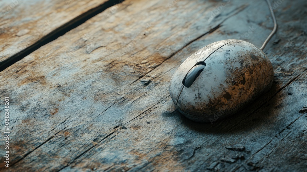 Poster rustic still life of a vintage computer mouse on weathered wooden surface with textured details and 