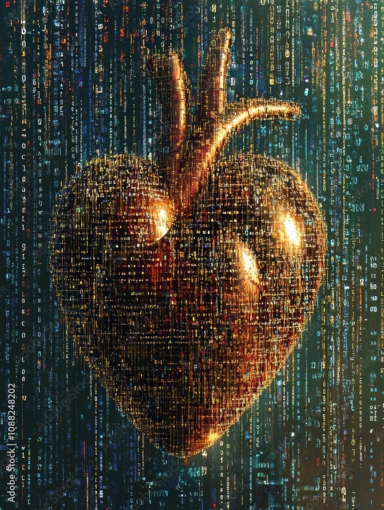 Leinwandbilder the heart, made of shimmering data, emerges from a backdrop of flowing digital code, symbolizing the