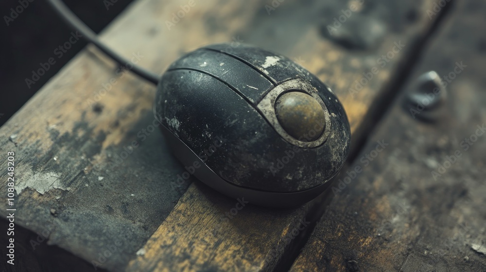Poster Close-Up of an Old, Dusty Computer Mouse Resting on a Wooden Surface, Capturing the Charm of Vintage Technology in a Rustic Setting