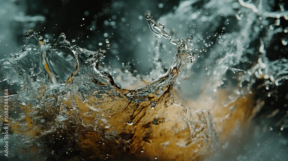 Poster beautiful splash of water captured in motion, with droplets frozen mid-air, creating a dynamic and r