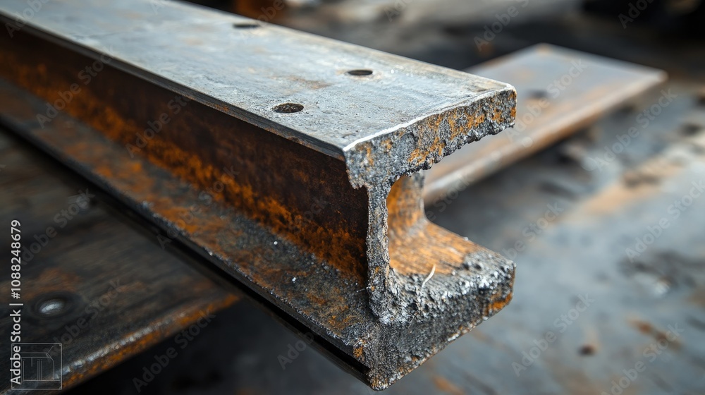 Poster close-up of a weathered steel rail section with rust and texture showing signs of wear and tear from