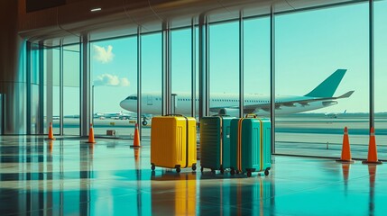 2410_121.vivid yellow and teal hardshell suitcases, airport terminal interior, large windows, commercial airliner on tarmac, clear blue sky, orange safety cones, polished floor reflection, travel