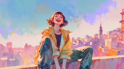 屋上で笑う女性