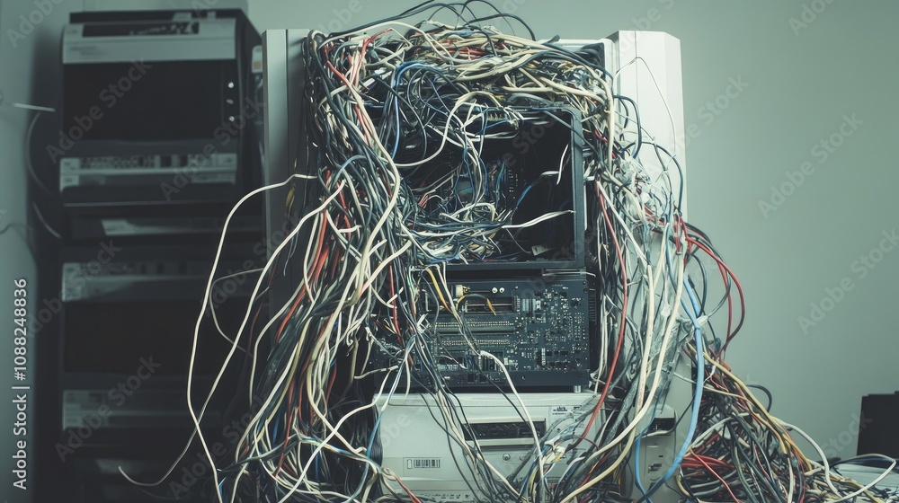 Poster disorganized mess of wires and cables in a cluttered office setup highlighting technology chaos and 