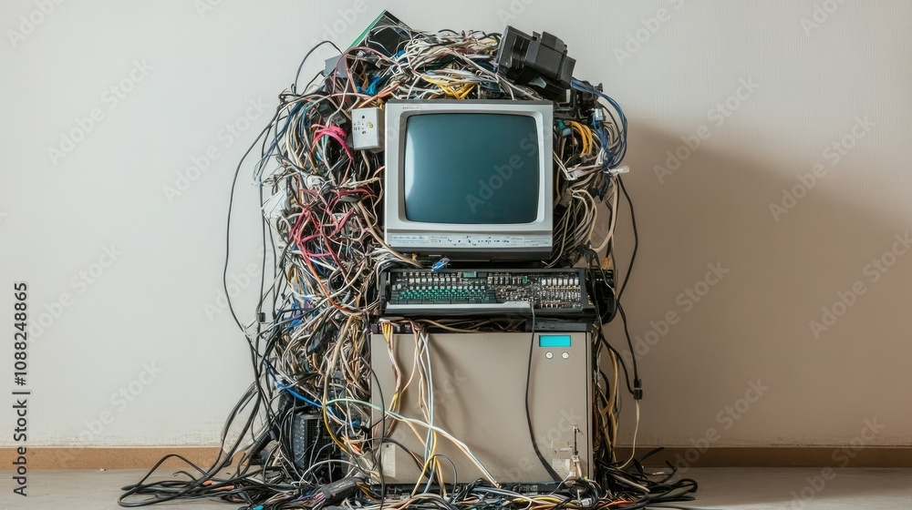 Poster disorganized collection of old computer equipment surrounded by tangles of wires and cables in a min