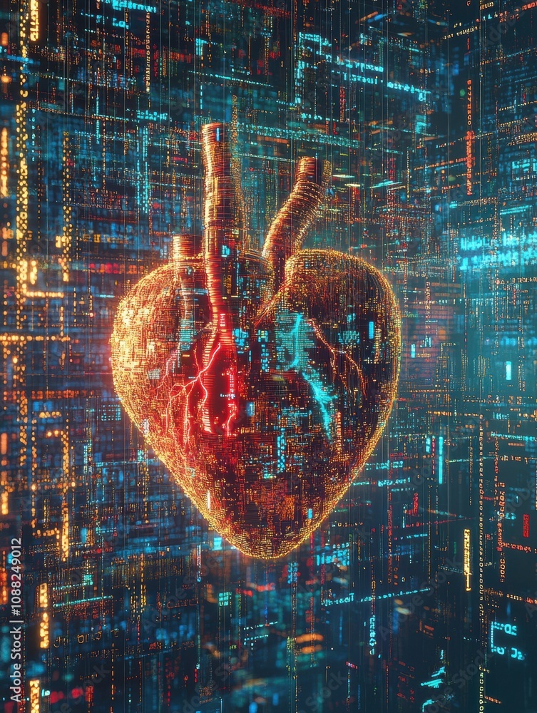 Aufkleber A vibrant human heart glows in a digital landscape, with streams of multicolored code illuminating the space around it. Generative AI