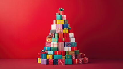 Colorful Stacked Gift Boxes Arranged to Form a Christmas Tree on a Bright Red Background, Perfect for Holiday Celebrations and Seasonal Decor