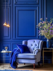 Elegant Blue Room Featuring Velvet Chair and Gold Accents