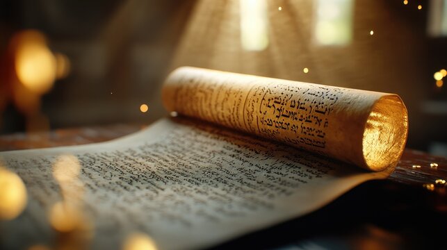 Religious scroll, Torah representing central religious document of Judaism, encompassing teachings, commandments, narratives that shape cultural identity, foster a deep connection to faith, tradition.