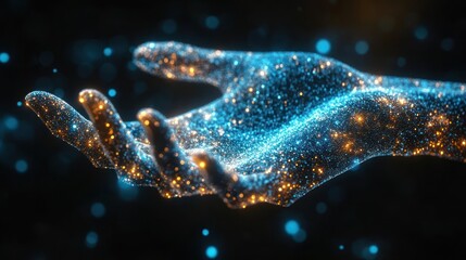 A glowing hand surrounded by shimmering particles of light.