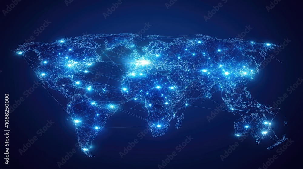 Poster global network connection visual representation with dots and lines, highlighting regions, countries
