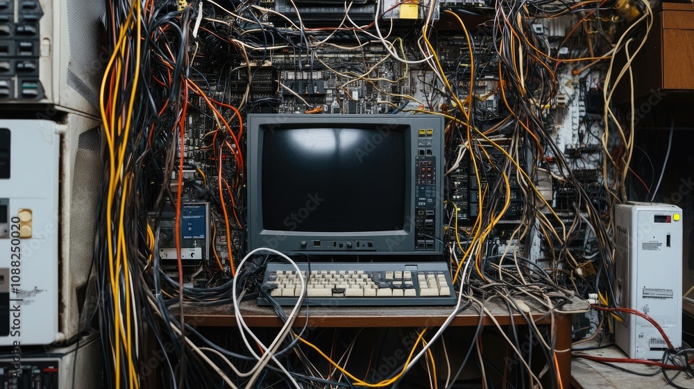 Poster vintage computer setup surrounded by a tangle of colorful wires and cables, illustrating technologic