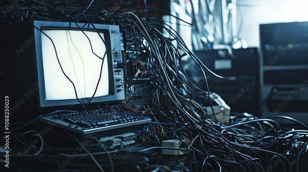 Poster tangled wires and old computer on a workspace surrounded by technology and equipment in a dimly lit 