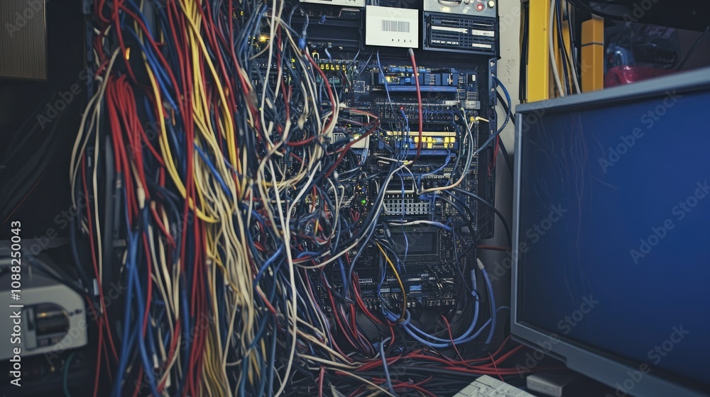 Poster tangle of colorful cables surrounding electronic equipment in a server room highlighting complex net