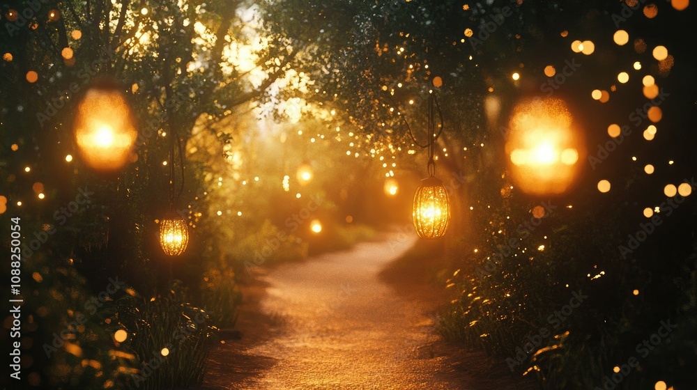 Poster enchanted forest pathway with glowing lanterns and soft bokeh lights creating a dreamy atmosphere fo