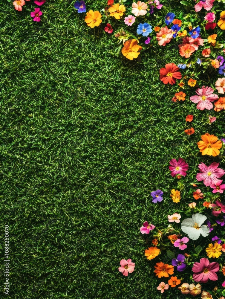 Poster a vibrant meadow filled with a variety of colorful flowers, creating a cheerful atmosphere under a b