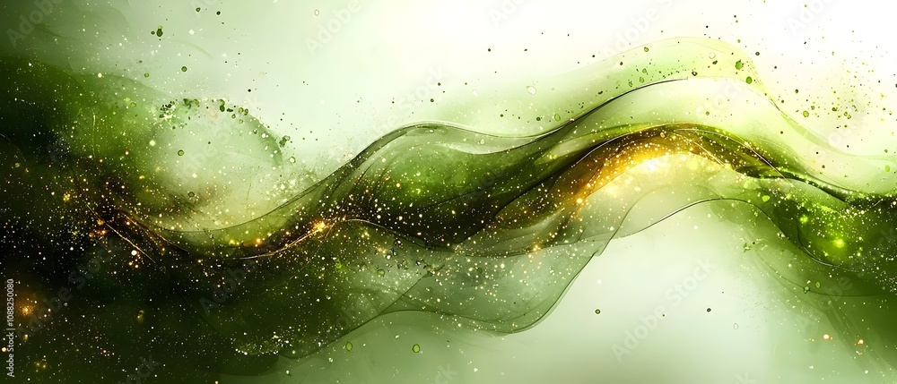 Poster a mesmerizing abstract wave of green hues intertwined with shimmering golden specks, creating a sens