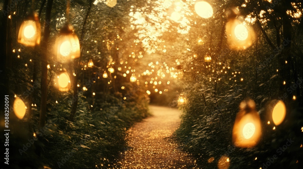 Poster enchanted forest pathway illuminated by floating lanterns casting a warm glow through lush greenery,