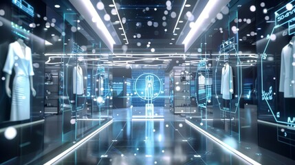 Futuristic retail store showcasing innovative technology with augmented reality interfaces and holographic displays presenting clothing and fashion items, creating an immersive shopping experience
