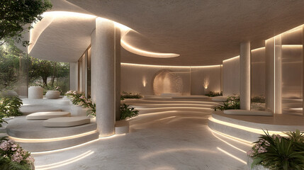 Modern minimalist interior design featuring soft lighting and natural elements in a tranquil space designed for relaxation and rejuvenation