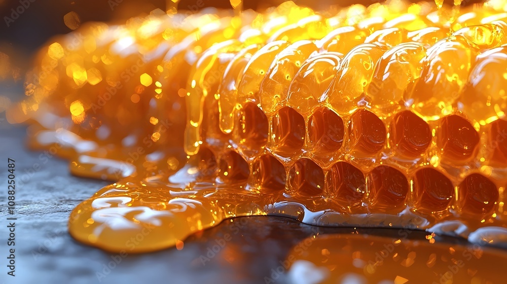 Poster close-up of dripping honeycomb showcasing gleaming golden honey with rich texture and vibrant color,