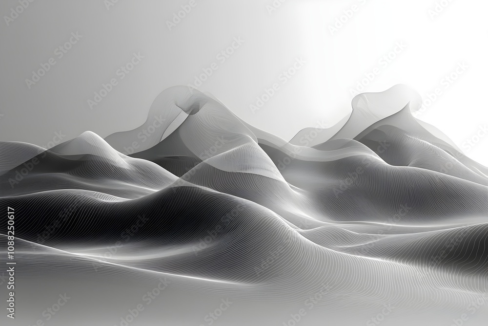 Poster an abstract landscape featuring flowing, translucent waves in shades of gray, creating a sense of de
