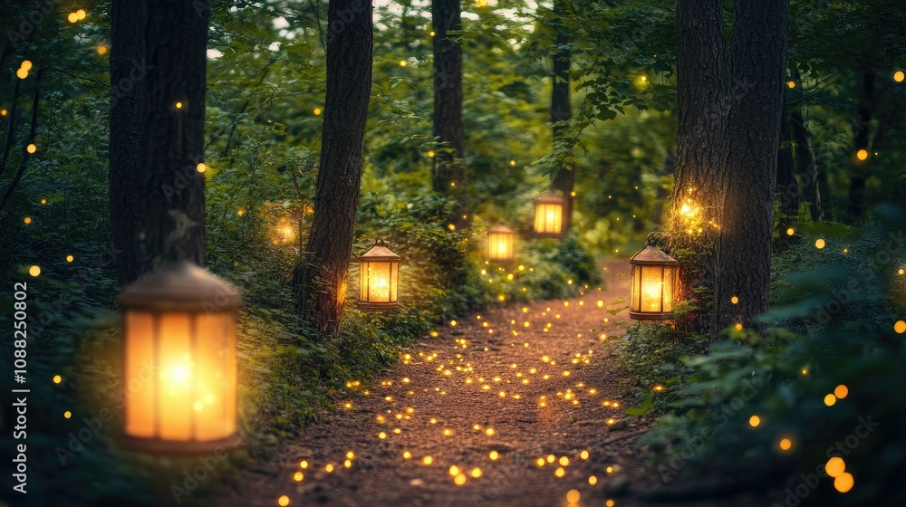 Poster enchanting forest path illuminated by lanterns and fireflies creating a magical evening atmosphere i