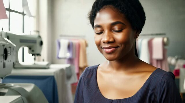 Young smiley African American female tailor looking at camera while standing in her workshop. This masterful tailor proves that sewing is not just a skill, but a joyful journey.