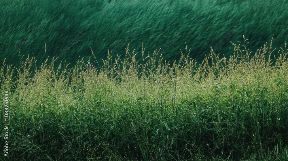 Poster the lush green meadow showcases tall grasses mingled with growing soybeans, creating a serene landsc