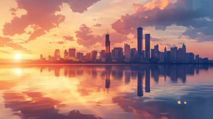 Fototapeta premium Golden hour city skyline reflected in calm water, high detail and soft colors.