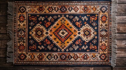 Handmade tribal rug with detailed geometric patterns and warm natural tones, high-resolution, fine texture display. 