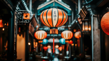 Colorful Lanterns Adorning a Traditional Asian Street With Charming Architecture, Illuminating The Evening Atmosphere and Creating a Festive Ambience of Celebration