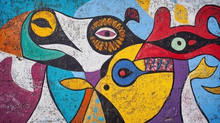 Ceremonial tribal painting featuring spiritual themes and abstract animal motifs, vibrant and sharp results. 