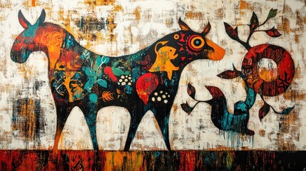 Tribal folklore painting with abstract animal motifs in bold earthy tones, exceptional clarity and vibrant colors.