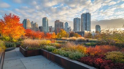 Obraz premium Autumnal Rooftop Garden with City Views
