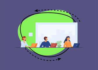 Customer support representatives working in call center. People in headset working at laptop in office flat vector illustration. Support service concept for banner, website design or landing web page