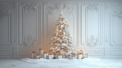 Elegant White Christmas Tree With Gifts In Classic Room