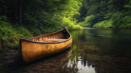 Traditional tribal canoe resting in a serene river surrounded by lush greenery, showcase cultural heritage and nature. 