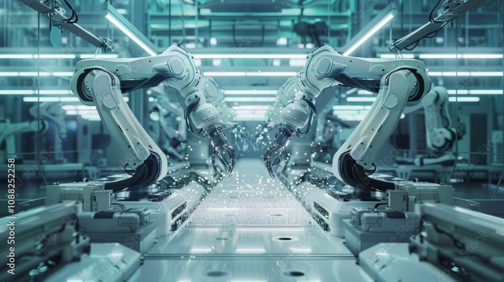 Poster two robotic arms working together on an automated assembly line in a modern, high tech factory, show