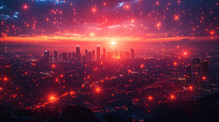 Obraz premium Cityscape at sunset with red, glowing 5G network overlays.