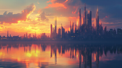 Fototapeta premium Golden hour city skyline reflected in calm water, high detail and soft colors.