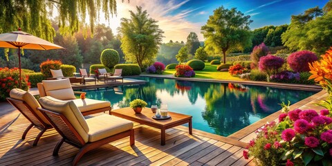 Obraz premium Serene Terrace Oasis: Relaxing by the Poolside with Lush Surroundings and Calm Waters for Ultimate Leisure Experience