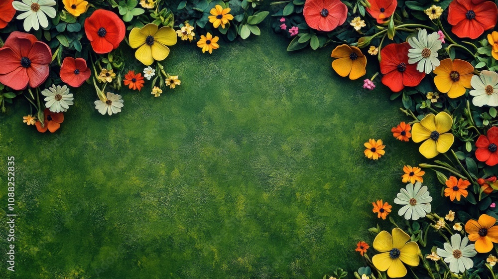Poster a vibrant display of colorful flowers adorns a lush green meadow under the warm afternoon sun, creat