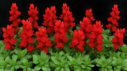 Vibrant Red Flowers with Green Foliage Against a Black Background for Nature and Floral Theme Projects